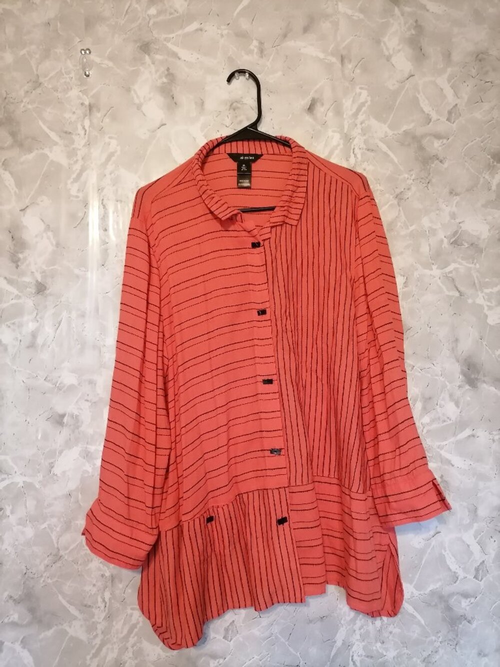 Ali Miles Top Womens XL Orange Striped 3/4 Sleeve Button Up Career Shirt Blouse